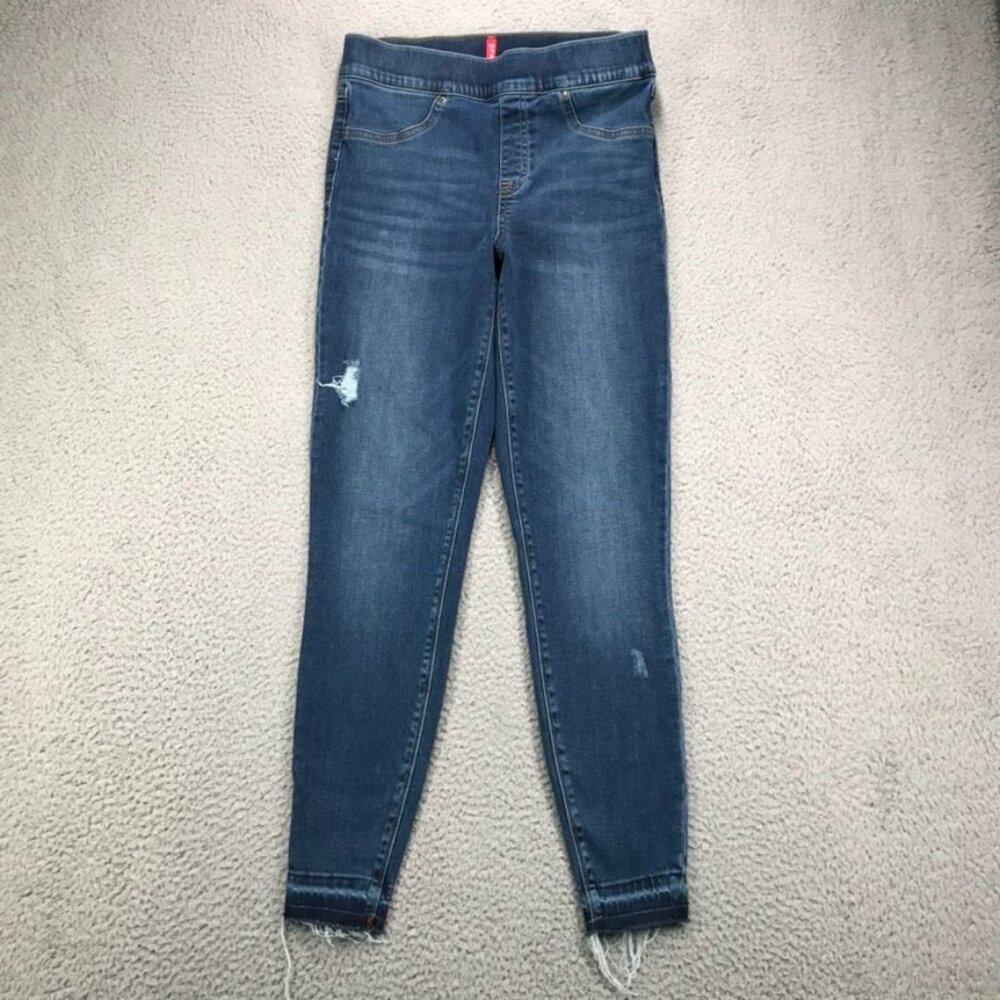 SPANX Jeans Womens MEDIUM Skinny Pull On‎ Distressed Stretch Denim Frayed Hem